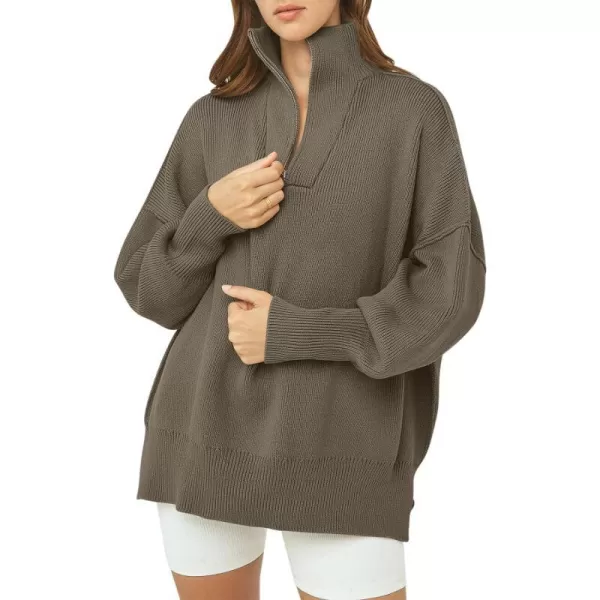 imageANRABESS Womens Oversized Sweater 2023 Fall Long Sleeve Quarter Zipper Collar Drop Shoulder Slouchy Pullover TopsCoffee Gray