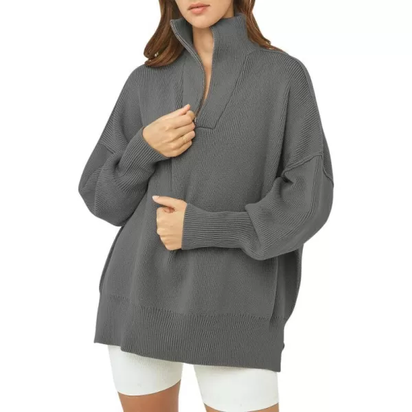 imageANRABESS Womens Oversized Sweater 2023 Fall Long Sleeve Quarter Zipper Collar Drop Shoulder Slouchy Pullover TopsDark Gray