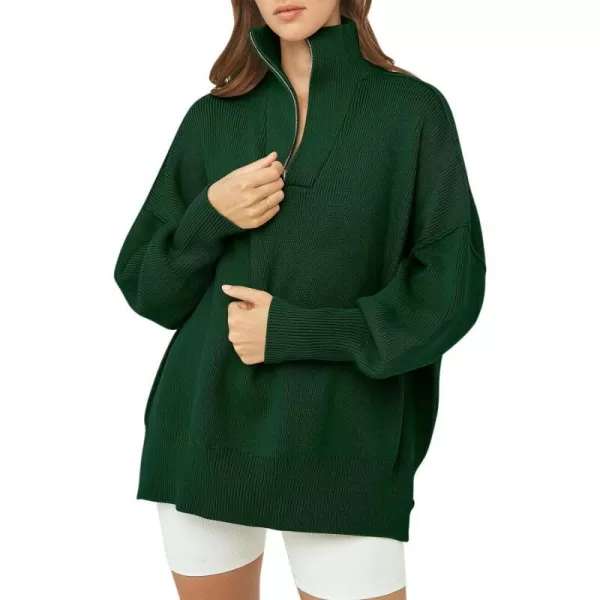 imageANRABESS Womens Oversized Sweater 2023 Fall Long Sleeve Quarter Zipper Collar Drop Shoulder Slouchy Pullover TopsDark Green