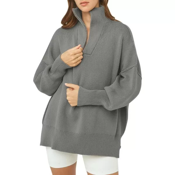 imageANRABESS Womens Oversized Sweater 2023 Fall Long Sleeve Quarter Zipper Collar Drop Shoulder Slouchy Pullover TopsDeep Gray