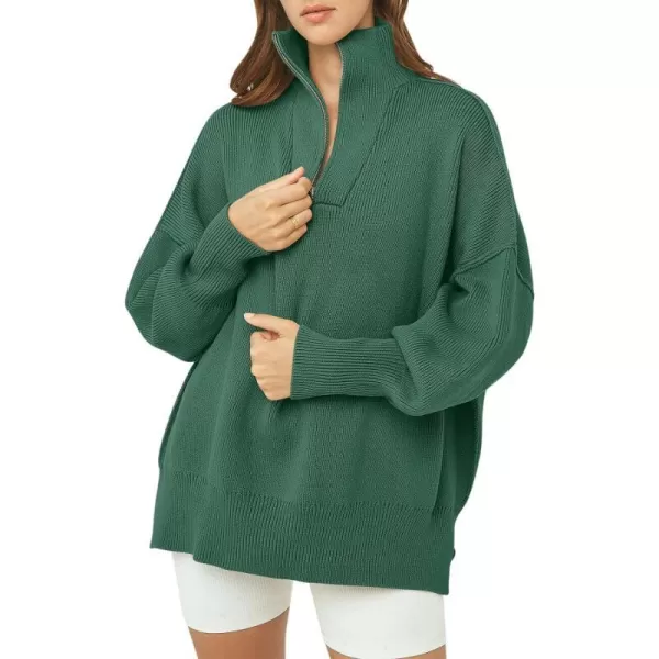 imageANRABESS Womens Oversized Sweater 2023 Fall Long Sleeve Quarter Zipper Collar Drop Shoulder Slouchy Pullover TopsDeep Gray Geen