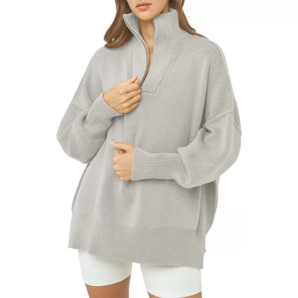 imageANRABESS Womens Oversized Sweater 2023 Fall Long Sleeve Quarter Zipper Collar Drop Shoulder Slouchy Pullover TopsGray