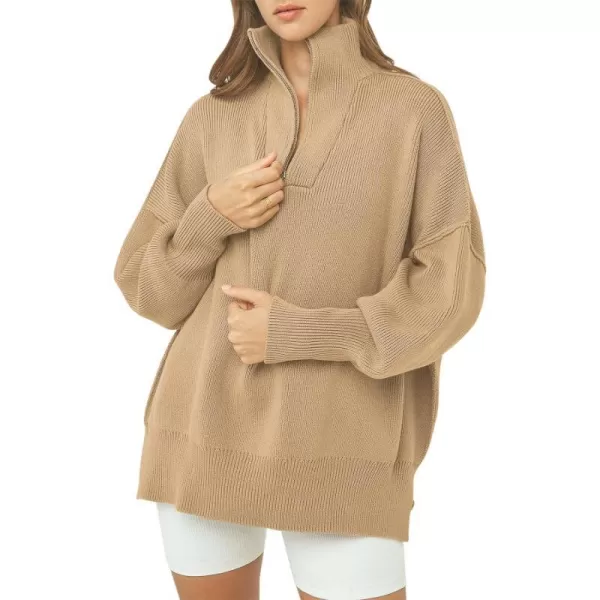 imageANRABESS Womens Oversized Sweater 2023 Fall Long Sleeve Quarter Zipper Collar Drop Shoulder Slouchy Pullover TopsKhaki