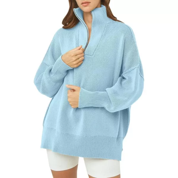 imageANRABESS Womens Oversized Sweater 2023 Fall Long Sleeve Quarter Zipper Collar Drop Shoulder Slouchy Pullover TopsLight Blue