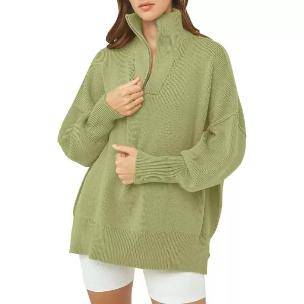 imageANRABESS Womens Oversized Sweater 2023 Fall Long Sleeve Quarter Zipper Collar Drop Shoulder Slouchy Pullover TopsPea