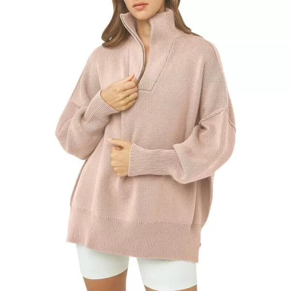 imageANRABESS Womens Oversized Sweater 2023 Fall Long Sleeve Quarter Zipper Collar Drop Shoulder Slouchy Pullover TopsPink