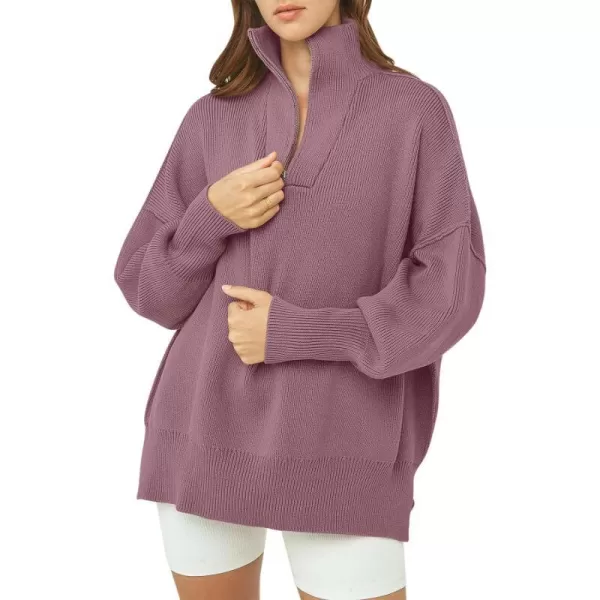 imageANRABESS Womens Oversized Sweater 2023 Fall Long Sleeve Quarter Zipper Collar Drop Shoulder Slouchy Pullover TopsPurple