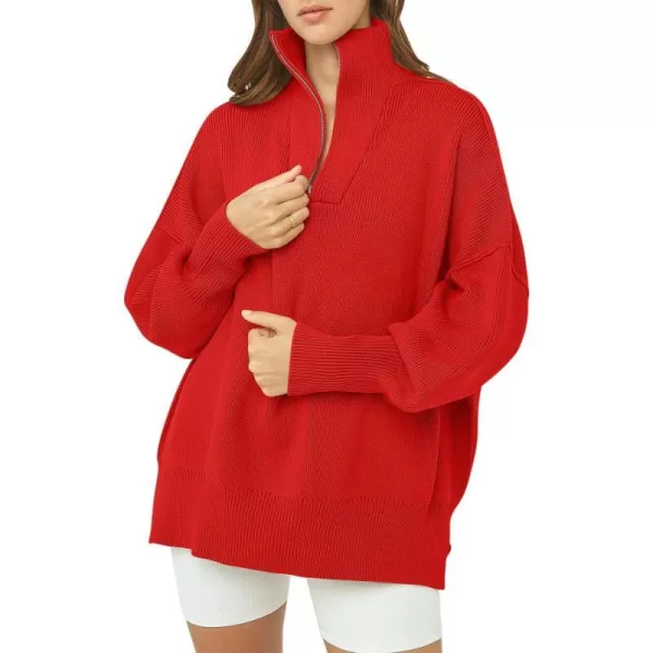 imageANRABESS Womens Oversized Sweater 2023 Fall Long Sleeve Quarter Zipper Collar Drop Shoulder Slouchy Pullover TopsRed