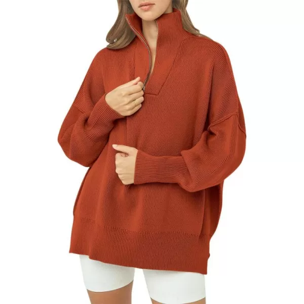 imageANRABESS Womens Oversized Sweater 2023 Fall Long Sleeve Quarter Zipper Collar Drop Shoulder Slouchy Pullover TopsRust