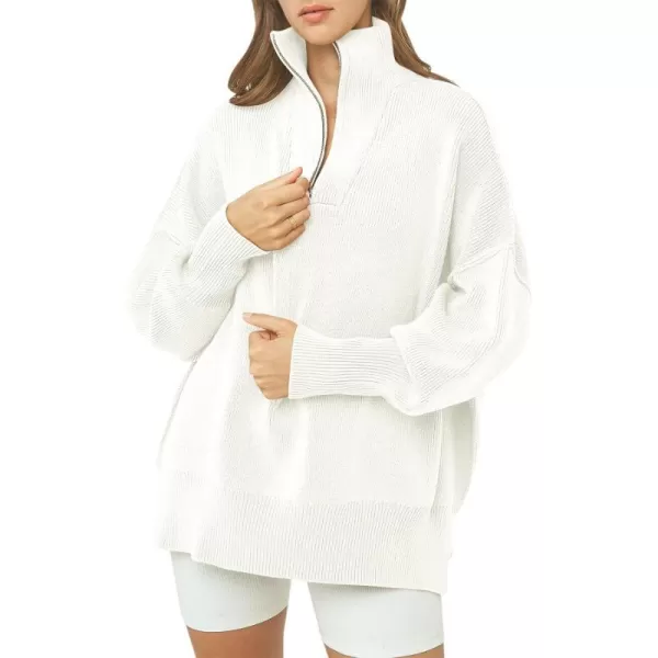 imageANRABESS Womens Oversized Sweater 2023 Fall Long Sleeve Quarter Zipper Collar Drop Shoulder Slouchy Pullover TopsWhite