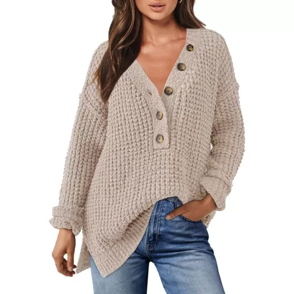 imageANRABESS Womens Oversized Sweaters Long Sleeve Loose V Neck Button Henley Tops Side Slit Pullover Knit JumperApricot