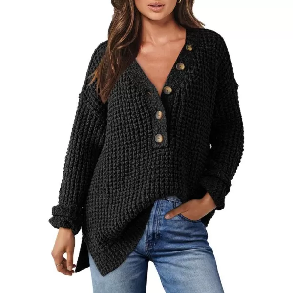 imageANRABESS Womens Oversized Sweaters Long Sleeve Loose V Neck Button Henley Tops Side Slit Pullover Knit JumperBlack