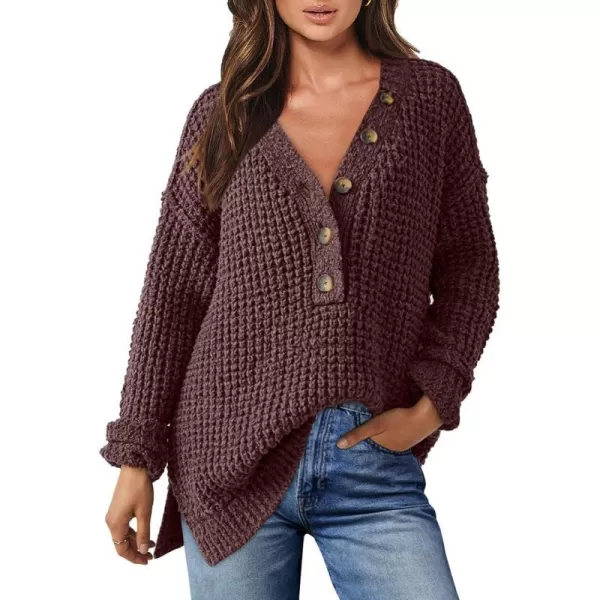 imageANRABESS Womens Oversized Sweaters Long Sleeve Loose V Neck Button Henley Tops Side Slit Pullover Knit JumperDark Red