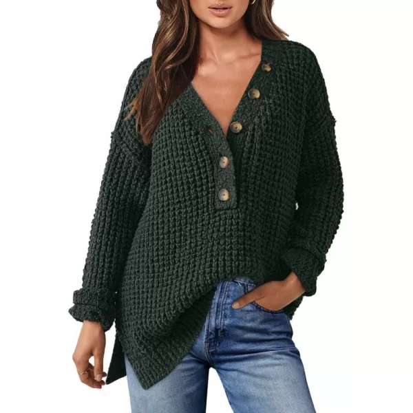 imageANRABESS Womens Oversized Sweaters Long Sleeve Loose V Neck Button Henley Tops Side Slit Pullover Knit JumperDeep Green