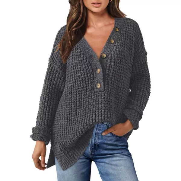 imageANRABESS Womens Oversized Sweaters Long Sleeve Loose V Neck Button Henley Tops Side Slit Pullover Knit JumperDeep Grey