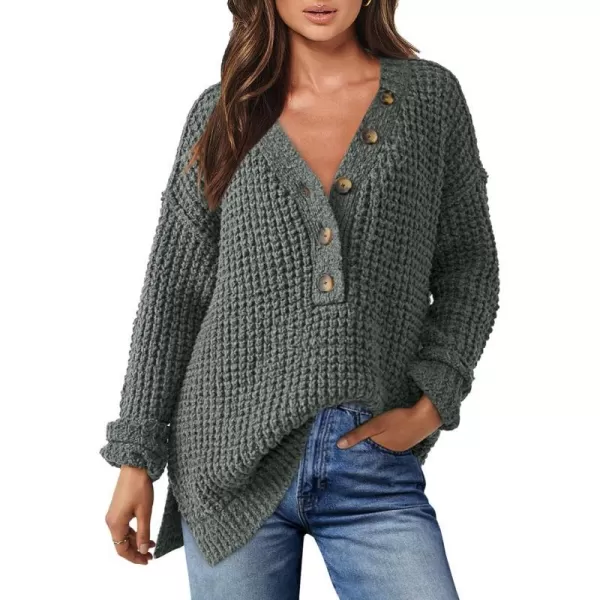imageANRABESS Womens Oversized Sweaters Long Sleeve Loose V Neck Button Henley Tops Side Slit Pullover Knit JumperGray Green