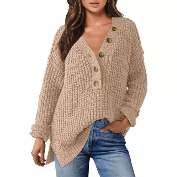imageANRABESS Womens Oversized Sweaters Long Sleeve Loose V Neck Button Henley Tops Side Slit Pullover Knit JumperKhaki