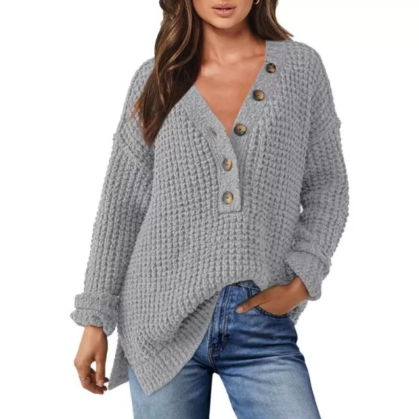imageANRABESS Womens Oversized Sweaters Long Sleeve Loose V Neck Button Henley Tops Side Slit Pullover Knit JumperLight Grey