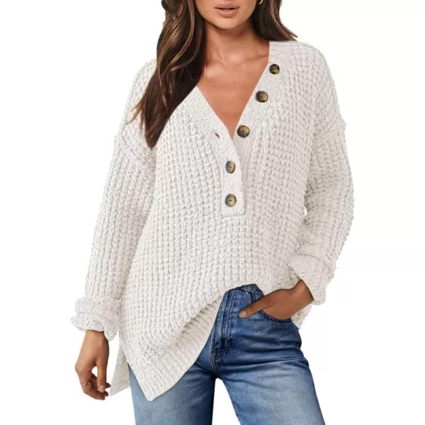 imageANRABESS Womens Oversized Sweaters Long Sleeve Loose V Neck Button Henley Tops Side Slit Pullover Knit JumperWhite