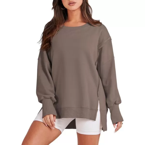 imageANRABESS Womens Oversized Sweatshirt Crew Neck Long Sleeve Casual Slit Sloucthy Pullover Top Fall ClothesBrown