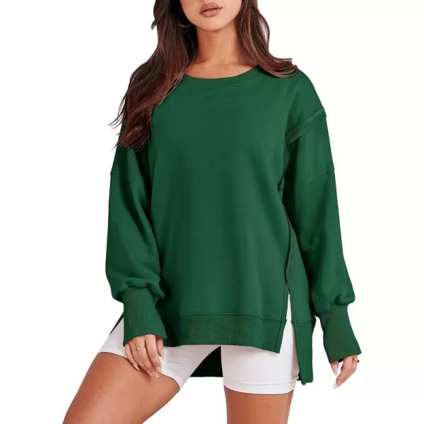 imageANRABESS Womens Oversized Sweatshirt Crew Neck Long Sleeve Casual Slit Sloucthy Pullover Top Fall ClothesDeep Green