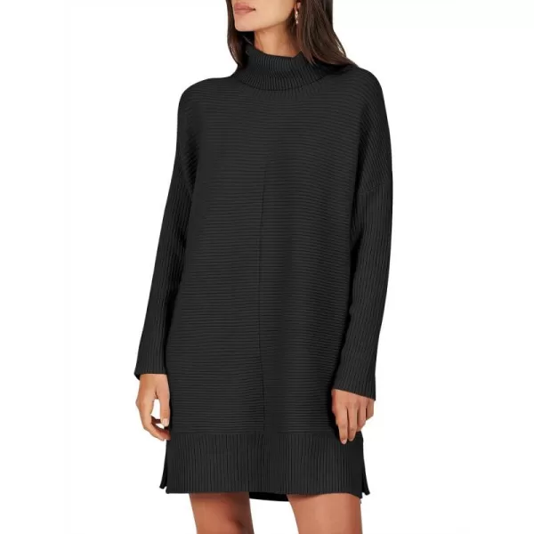 imageANRABESS Womens Oversized Turtleneck Sweaters Dress Pullover Batwing Sleeve Split Hem 2023 Winter Casual Short DressBlack