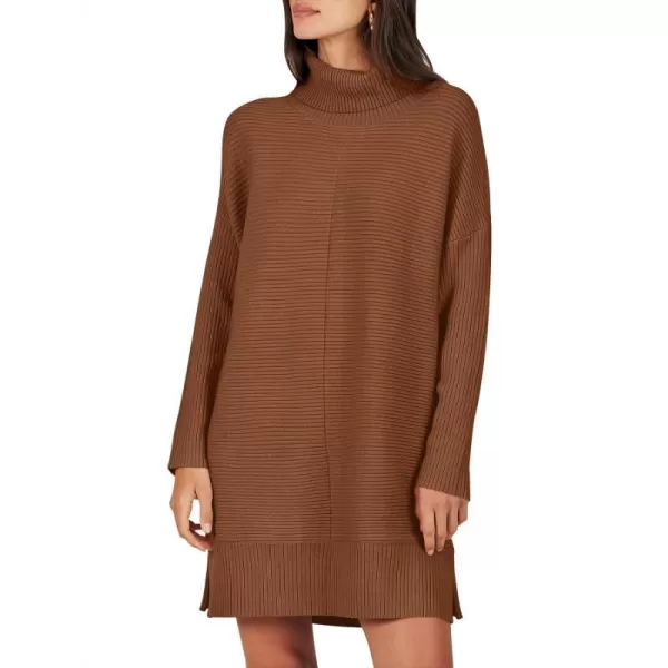 imageANRABESS Womens Oversized Turtleneck Sweaters Dress Pullover Batwing Sleeve Split Hem 2023 Winter Casual Short DressCaramel