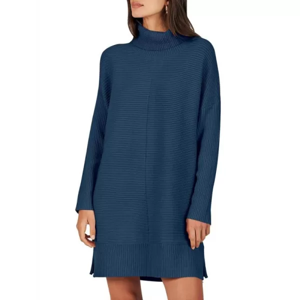 imageANRABESS Womens Oversized Turtleneck Sweaters Dress Pullover Batwing Sleeve Split Hem 2023 Winter Casual Short DressDark Blue