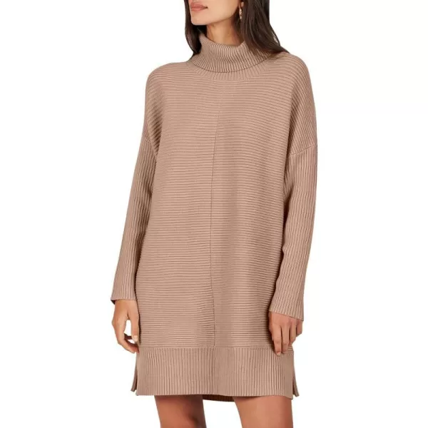 imageANRABESS Womens Oversized Turtleneck Sweaters Dress Pullover Batwing Sleeve Split Hem 2023 Winter Casual Short DressDeep Apricot