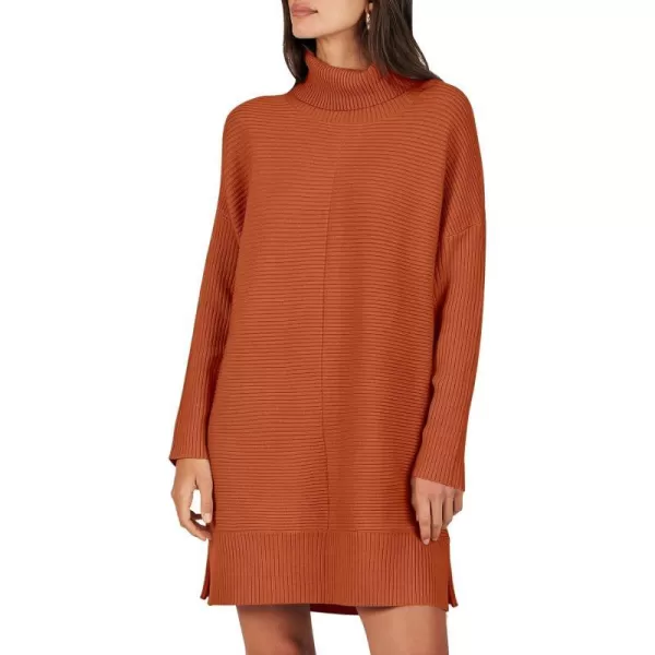 imageANRABESS Womens Oversized Turtleneck Sweaters Dress Pullover Batwing Sleeve Split Hem 2023 Winter Casual Short DressRust