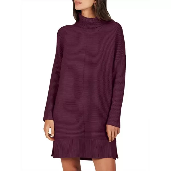 imageANRABESS Womens Oversized Turtleneck Sweaters Dress Pullover Batwing Sleeve Split Hem 2023 Winter Casual Short DressWine Red