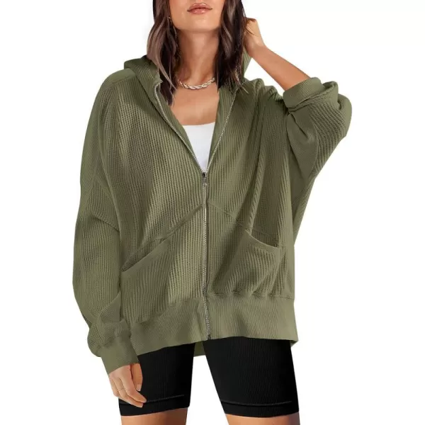 imageANRABESS Womens Oversized Zip Up Hoodies Long Sleeve Waffle Knit Casual Jackets Outerwear 2023 Fall Fashion Trendy ClothesArmy Green