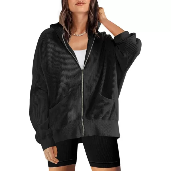 imageANRABESS Womens Oversized Zip Up Hoodies Long Sleeve Waffle Knit Casual Jackets Outerwear 2023 Fall Fashion Trendy ClothesBlack