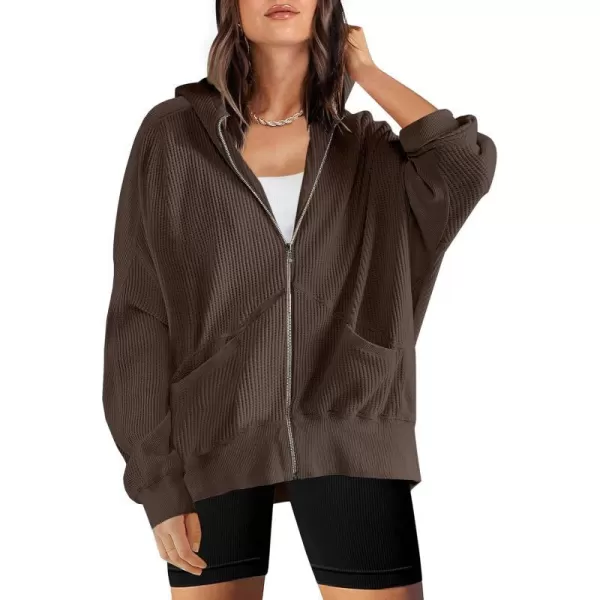 imageANRABESS Womens Oversized Zip Up Hoodies Long Sleeve Waffle Knit Casual Jackets Outerwear 2023 Fall Fashion Trendy ClothesBrown