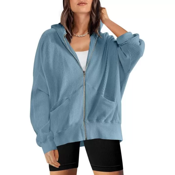 imageANRABESS Womens Oversized Zip Up Hoodies Long Sleeve Waffle Knit Casual Jackets Outerwear 2023 Fall Fashion Trendy ClothesDusty Blue