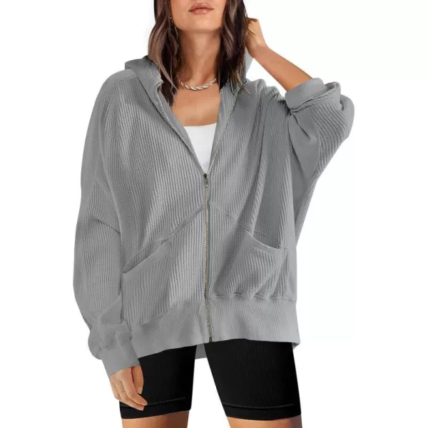 imageANRABESS Womens Oversized Zip Up Hoodies Long Sleeve Waffle Knit Casual Jackets Outerwear 2023 Fall Fashion Trendy ClothesGrey