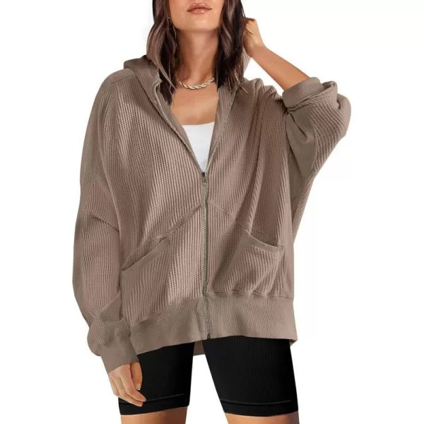 imageANRABESS Womens Oversized Zip Up Hoodies Long Sleeve Waffle Knit Casual Jackets Outerwear 2023 Fall Fashion Trendy ClothesLight Brown