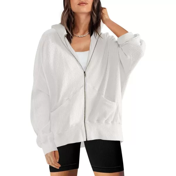 imageANRABESS Womens Oversized Zip Up Hoodies Long Sleeve Waffle Knit Casual Jackets Outerwear 2023 Fall Fashion Trendy ClothesWhite