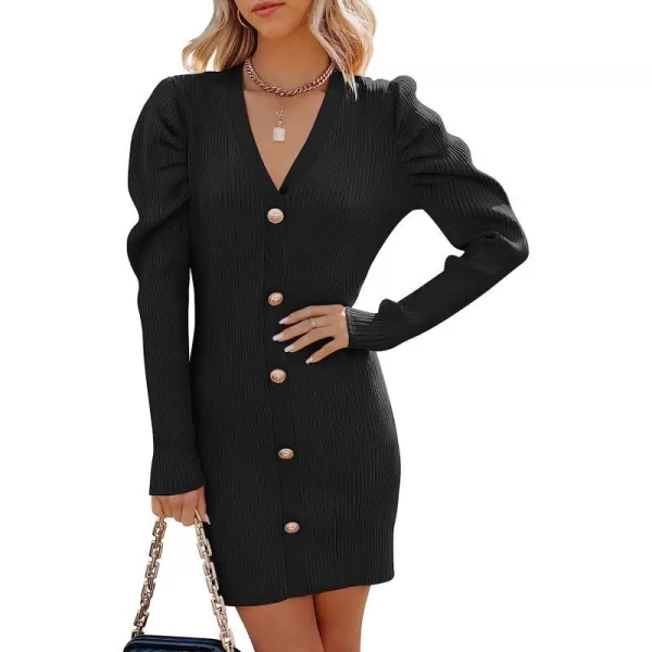 imageANRABESS Womens Puff Long Sleeve V Neck Buttons Ribbed Knit Slim Fit Pullover Sweater Bodycon Mini DressBlack