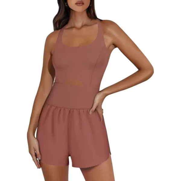 imageANRABESS Womens Running Onesie Workout Rompers Summer One Piece Outfits Exercise Jumpsuits Gym Yoga ClothesBrick Red
