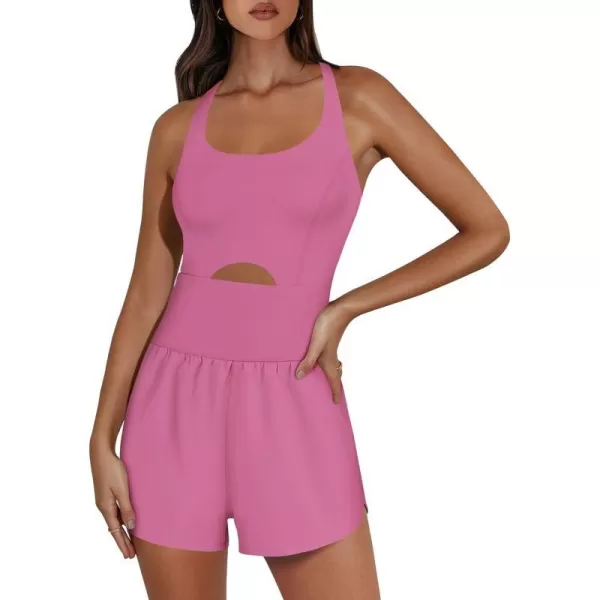imageANRABESS Womens Running Onesie Workout Rompers Summer One Piece Outfits Exercise Jumpsuits Gym Yoga ClothesHot Pink