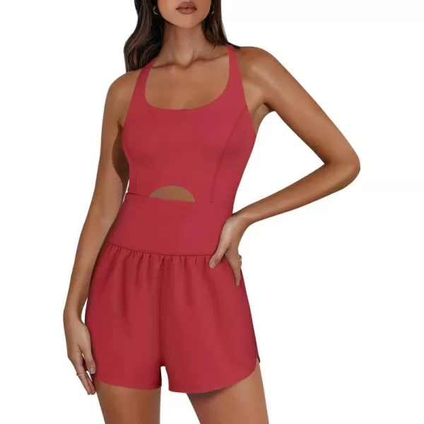 imageANRABESS Womens Running Onesie Workout Rompers Summer One Piece Outfits Exercise Jumpsuits Gym Yoga ClothesRed