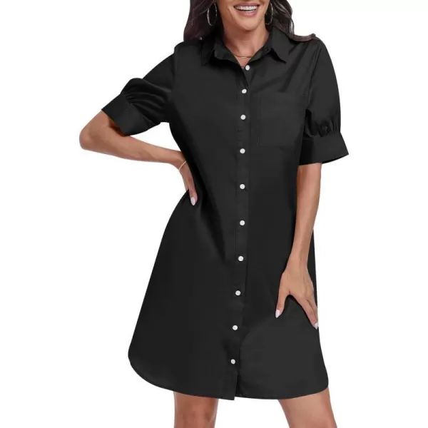imageANRABESS Womens Shirt Dress Short Sleeve Loose Casual Summer Button Down Tunic Dresses with PocketsBlack