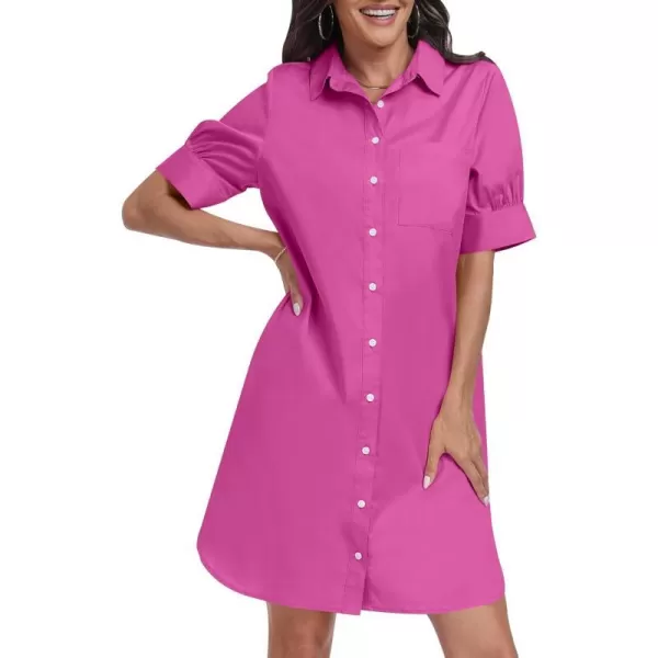 imageANRABESS Womens Shirt Dress Short Sleeve Loose Casual Summer Button Down Tunic Dresses with PocketsHot Pink