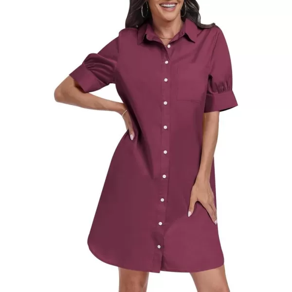 imageANRABESS Womens Shirt Dress Short Sleeve Loose Casual Summer Button Down Tunic Dresses with PocketsWine Red