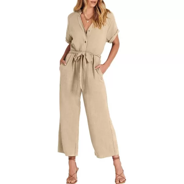 imageANRABESS Womens Short Sleeve V Neck Buttons Waist Belt Straight Wide Leg Cropped Jumpsuits Rompers with PocketsApricot