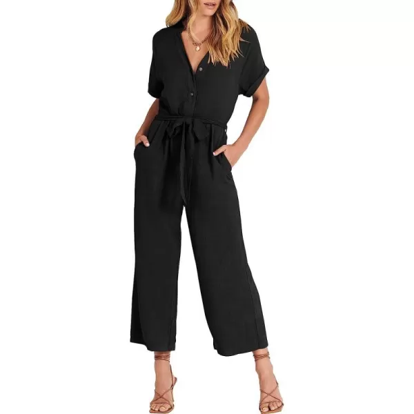 imageANRABESS Womens Short Sleeve V Neck Buttons Waist Belt Straight Wide Leg Cropped Jumpsuits Rompers with PocketsBlack