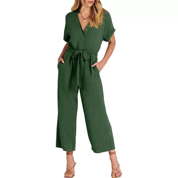 imageANRABESS Womens Short Sleeve V Neck Buttons Waist Belt Straight Wide Leg Cropped Jumpsuits Rompers with PocketsDark Green