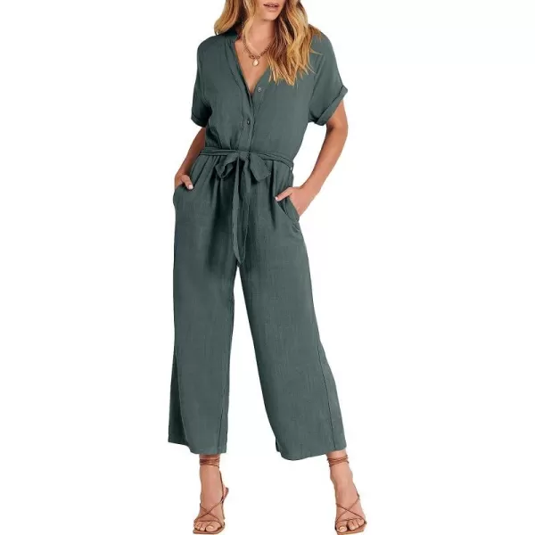 imageANRABESS Womens Short Sleeve V Neck Buttons Waist Belt Straight Wide Leg Cropped Jumpsuits Rompers with PocketsGray Blue