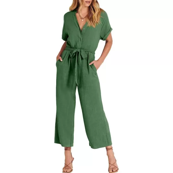 imageANRABESS Womens Short Sleeve V Neck Buttons Waist Belt Straight Wide Leg Cropped Jumpsuits Rompers with PocketsGreen